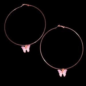 Huge Rose Gold Pink Butterfly Charm Hoops Big XL Oversized Hoop Earrings KATTA